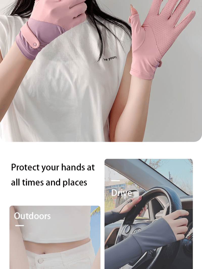 Anti-UV thin gloves for riding and driving, pink pair with open two fingers, providing protection and comfort for women.